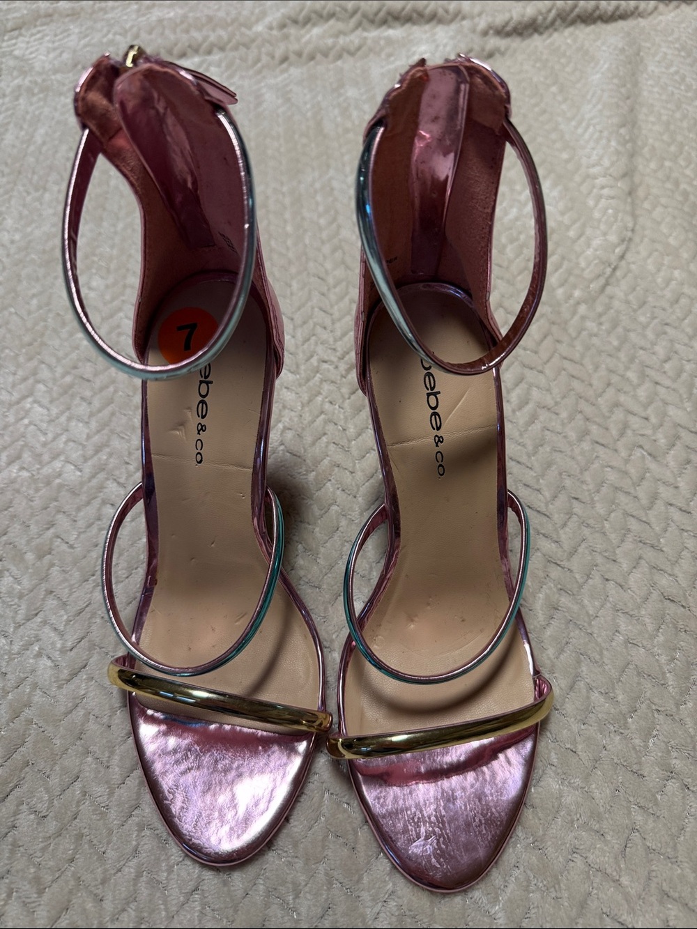 bebe Metallic Pink Gold-Bar Ankle-Strap Heels